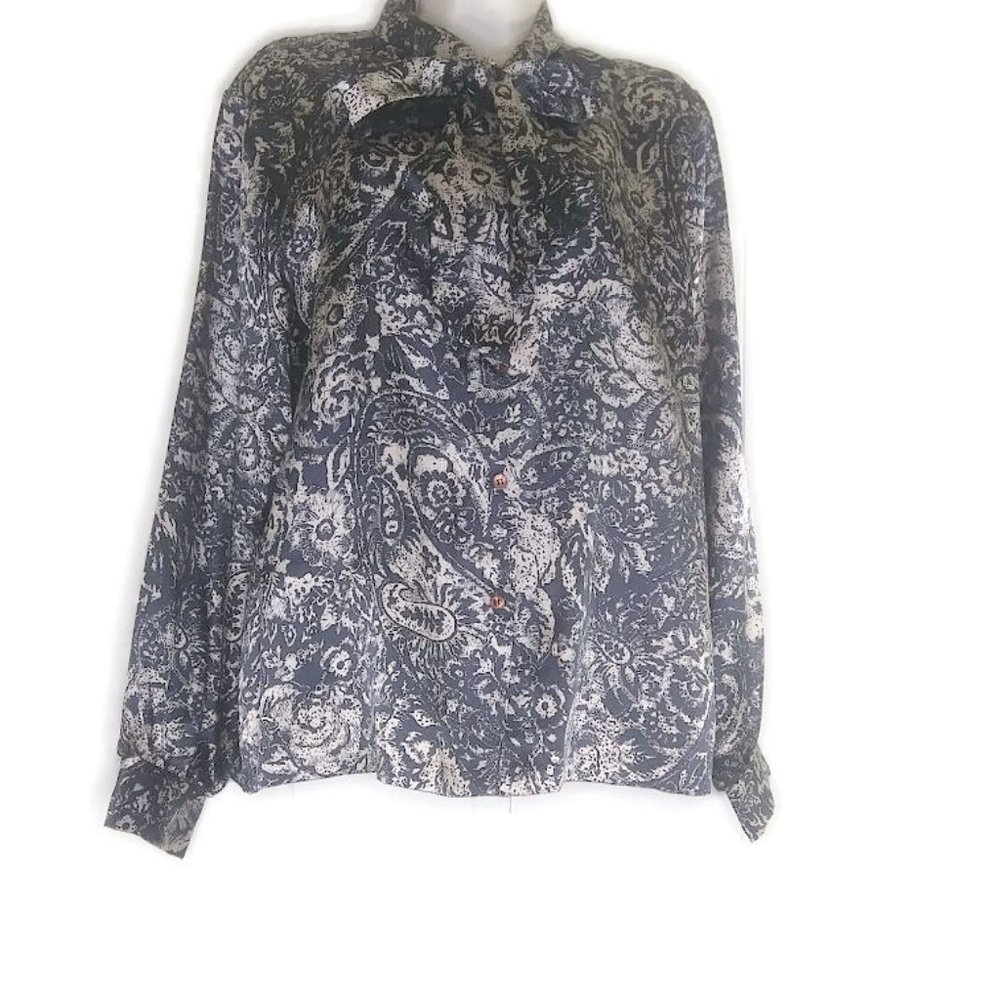 70's New Attitudes Black Gold Tie Neck Satin Secretary Blouse